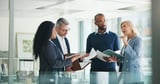 Business, documents and people with meeting discussion for finance trends