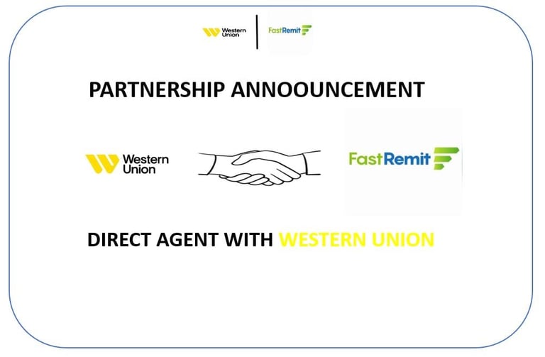 Partnership announcement between FastRemit and Western Union showing direct agent relationship with handshake icon