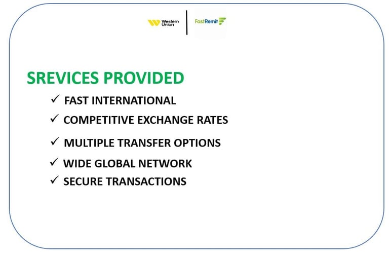 Services provided list with checkmarks: Fast International, Competitive Exchange Rates, Multiple Transfer Options, Wide Global Network, Secure Transactions